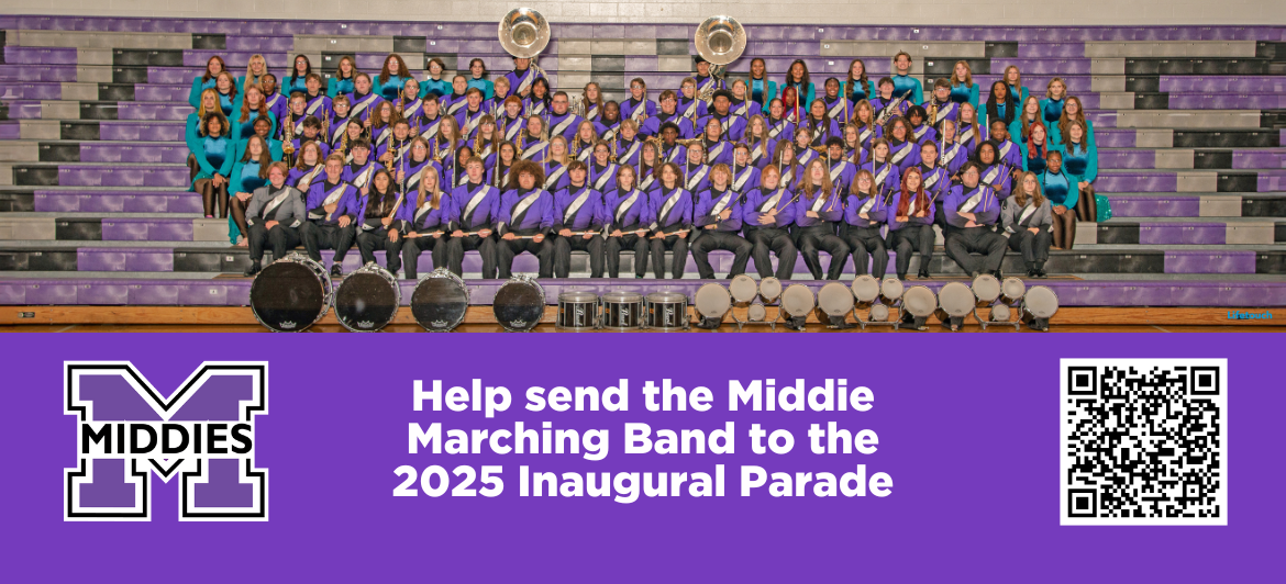 Graphic shows group photo of the 2024-2025 Middletown High School Marching Band. Text reads "Help send the Middie Marching Band to the 2025 Inaugural Parade"